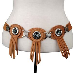 Vintage Brown Leather Silver-Tone Concho & Turquoise Stone Fringe Link Belt M/L